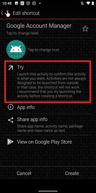 Launch the activity in QuickShortcutMaker