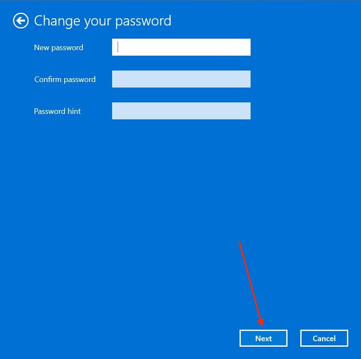 Lasciare vuoi i campi della nuova password