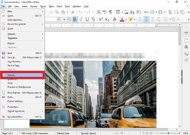 Opção de exportar no LibreOffice Writer