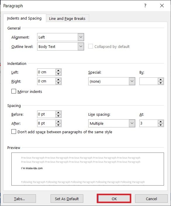 Line spacing options window