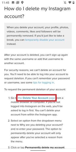 Enlace para borrar la cuenta de Instagram