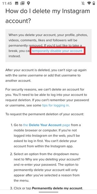 Link to disable your Instagram account