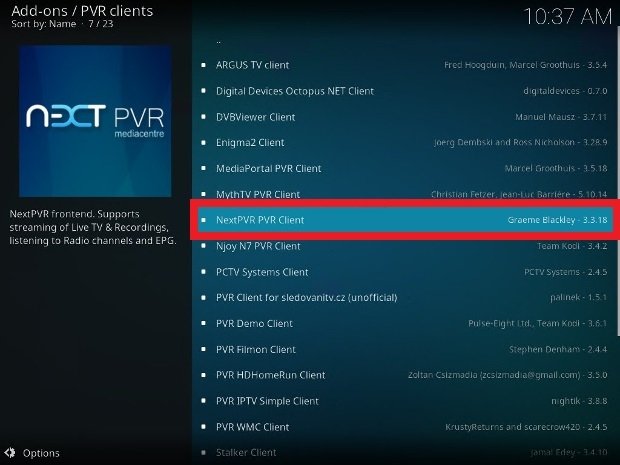 Lista de clientes PVR disponibles en Kodi