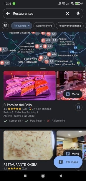 Listado de restaurantes en la zona seleccionada