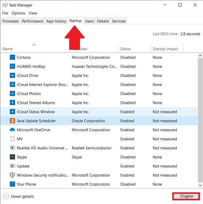 Auflistung der Startprogramme im Task-Manager