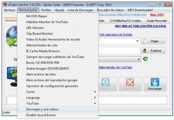 Localización de la función para descargar y unir vídeos