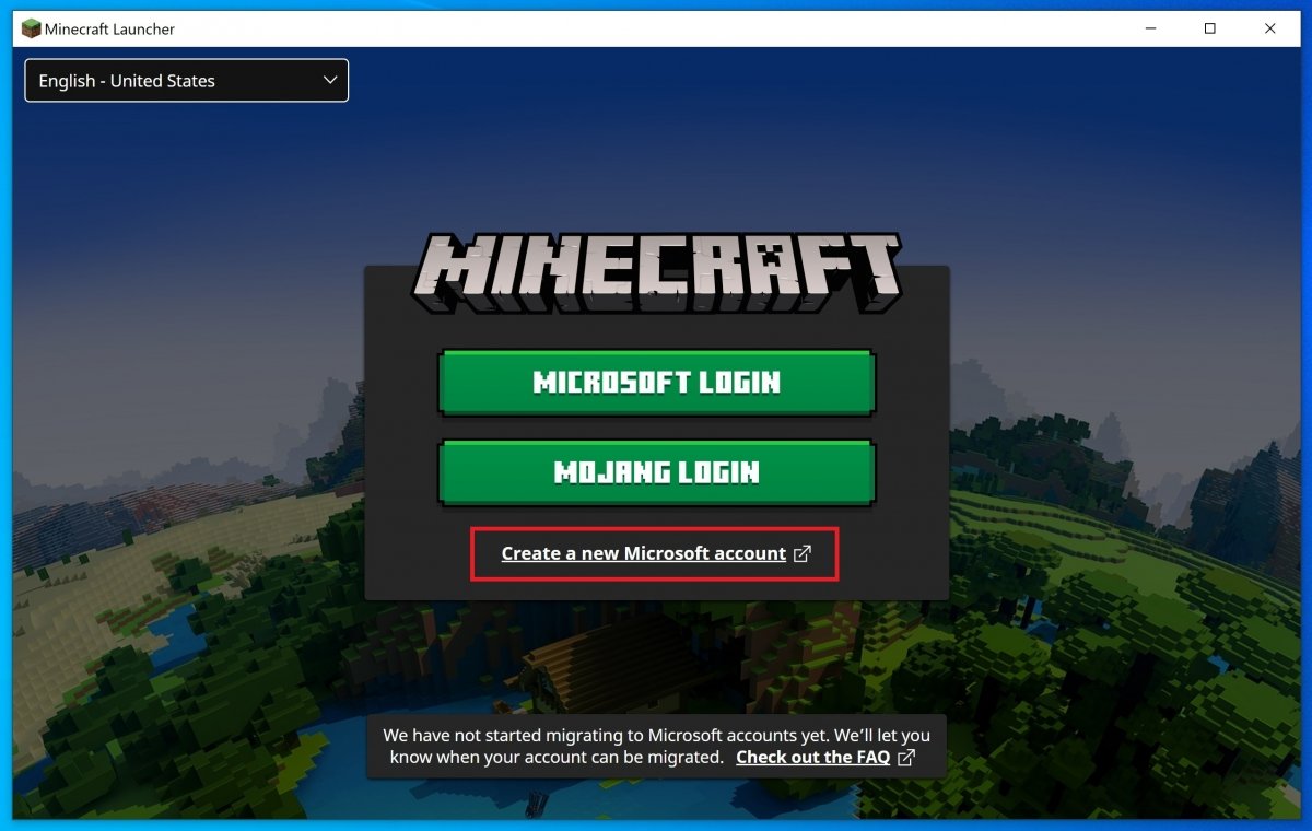 Login window for Minecraft Java Edition