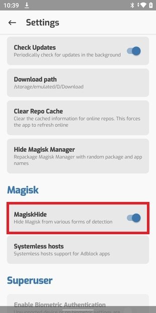 MagiskHide in Magisk Manager’s settings