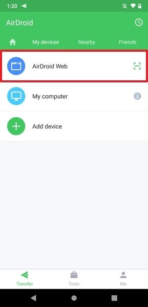 Main interface of AirDroid for Android