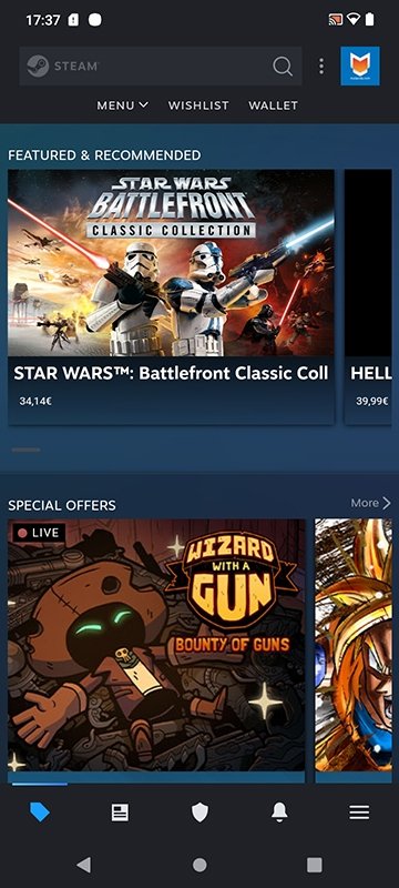 Main menu of the Steam app