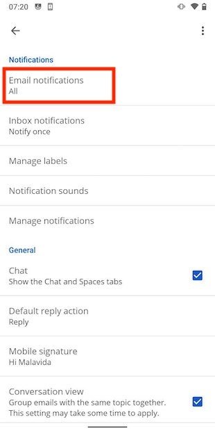 Main notification settings