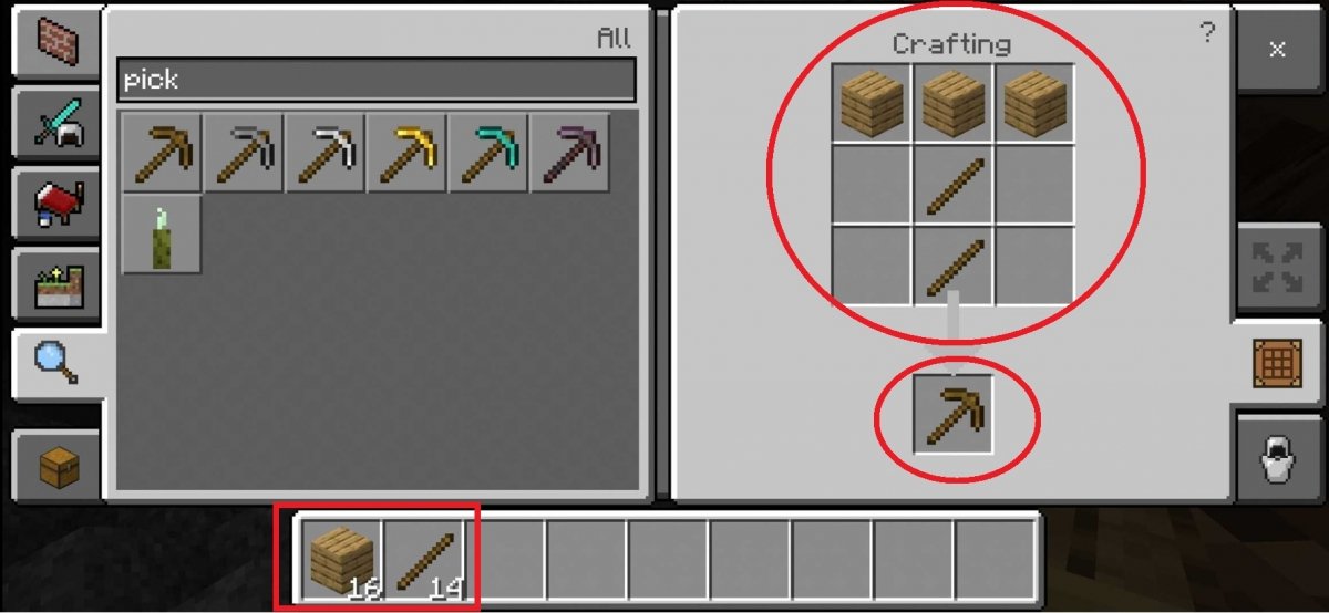 Make a pickaxe with sticks and wood