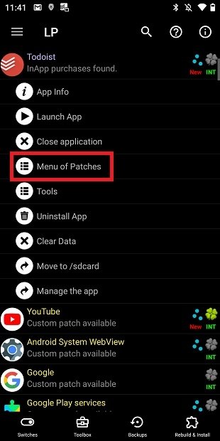 Menu of patches