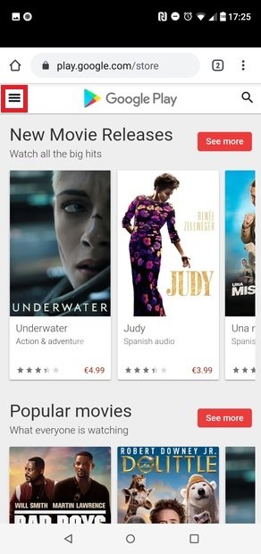 Menú de la web de Google Play