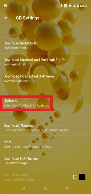 アプリを更新するネイティブオプションのメニュー