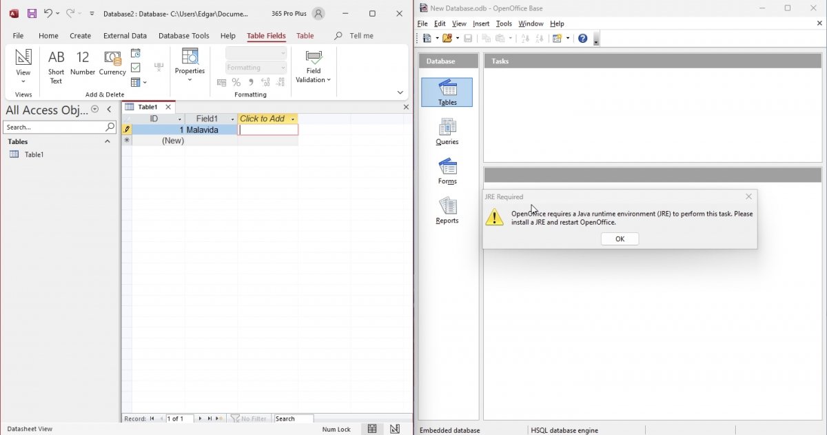 Microsoft Access ao lado do OpenOffice Base, mostrando um erro que lembra da necessidade de instalar