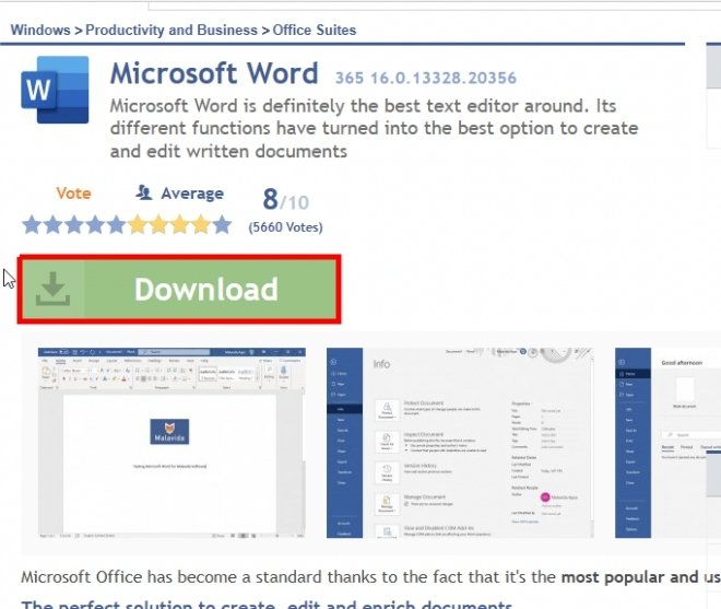 Microsoft Word datasheet on Malavida