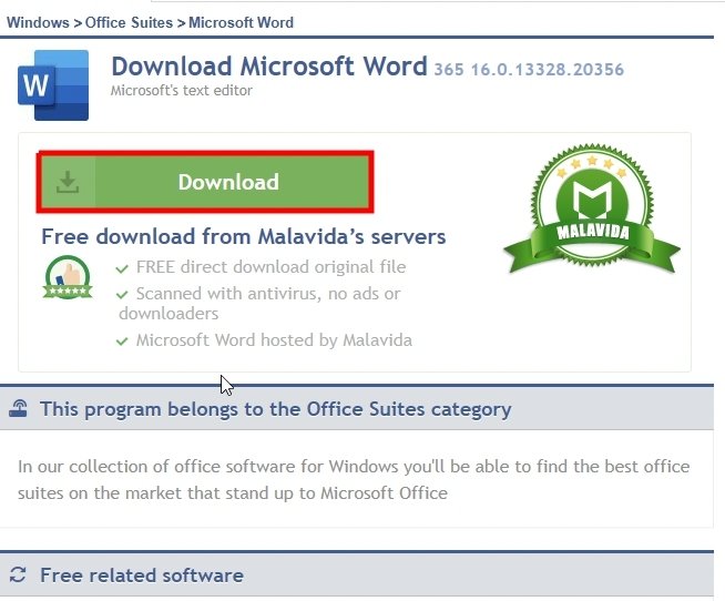 Página de descarga de Microsoft Word