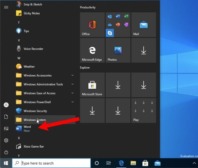 Microsoft Word en el menú de inicio