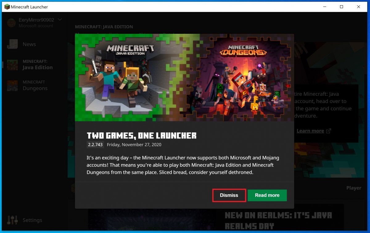 Notificaciones del launcher de Minecraft