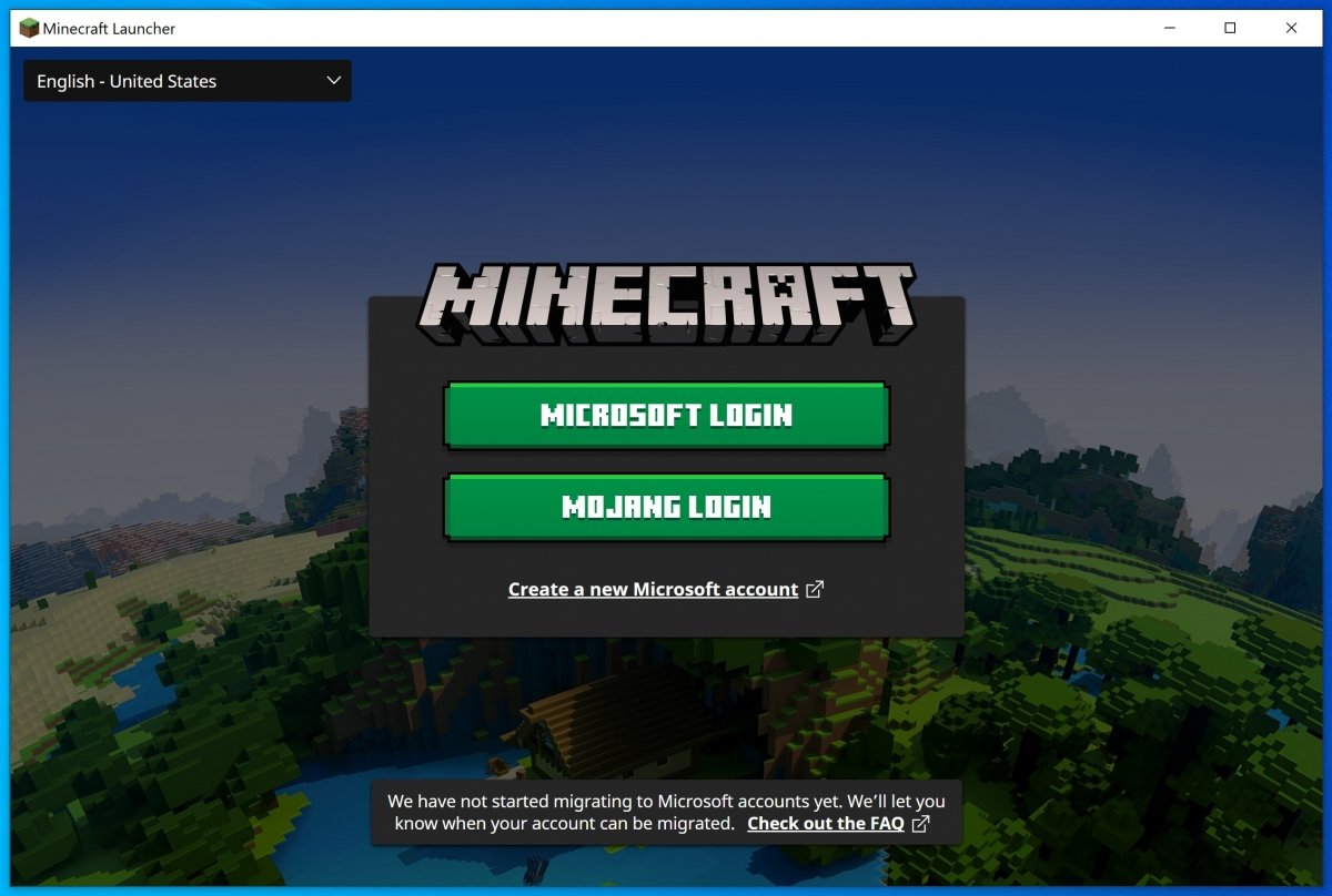 Pantalla de login en Minecraft