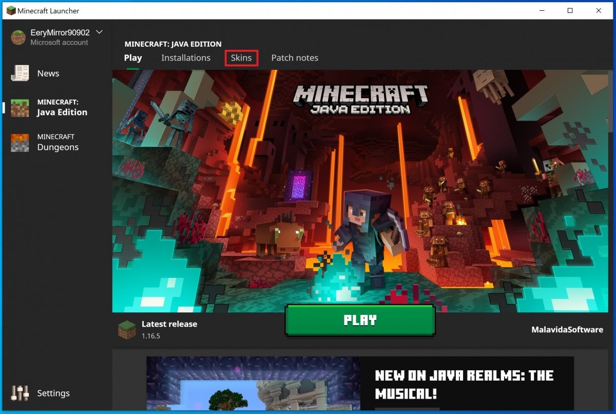 Minecraft’s Skins tab