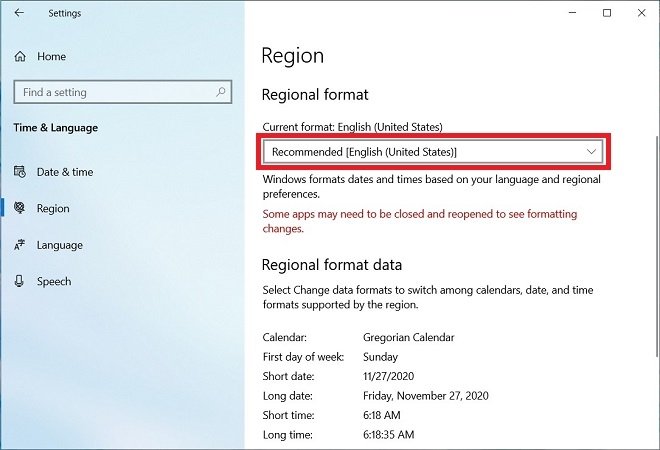 Regionale Daten ändern