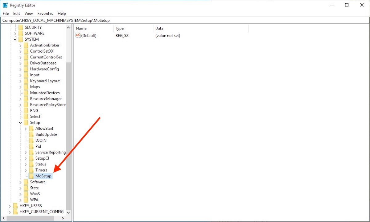 Clave MoSetup en el editor del registro