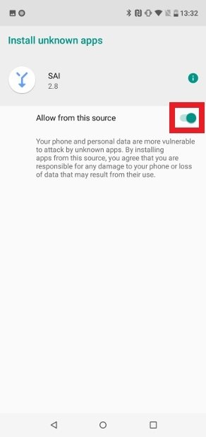 Leve o ícone à direita para permitir que SAI instale apps