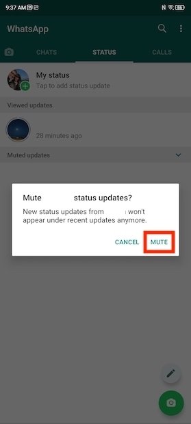 Silenciar status de um contato