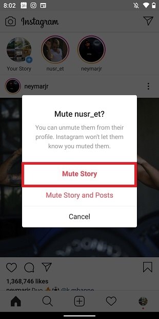 Mute stories of an Instagram contact