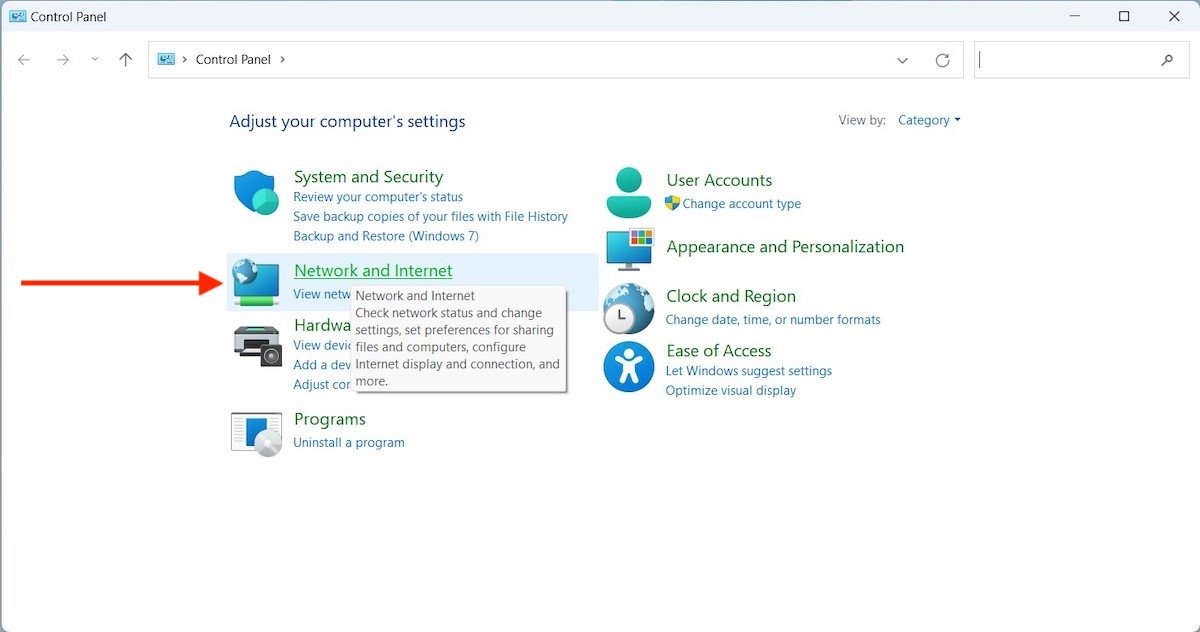 Network options on the Control Panel