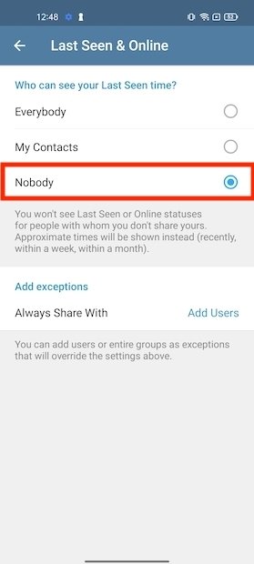 Personne ne peut voir votre statut sur Telegram