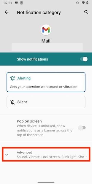 Notification configuration panel on Android