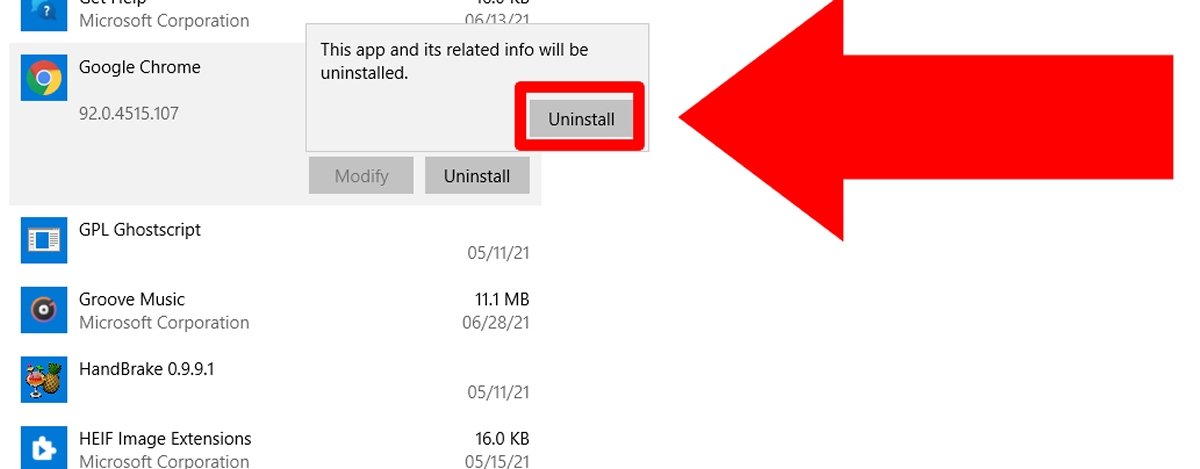 Premi nuovamente Uninstall per procedere alla disinstallazione