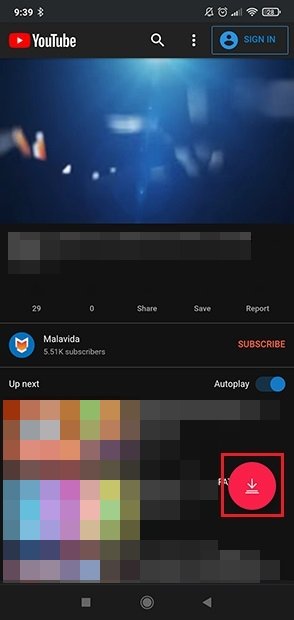 De nuevo en la app de TubeMate pulsamos en el icono rojo