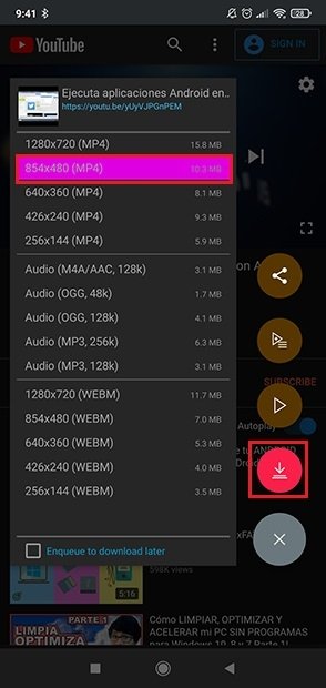 Una vez seleccionada la opción pulsamos sobre el icono rojo de descarga