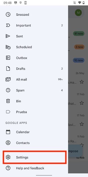 Abrir los ajustes de Gmail en Android
