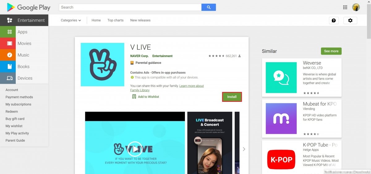 Apri l'app o gioco su Google Play e premi Install