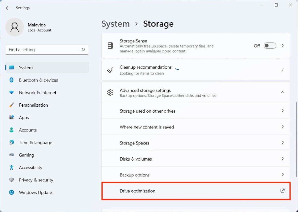 Open the defrag utility from the settings