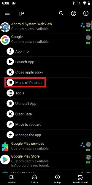 Open the menu of patches
