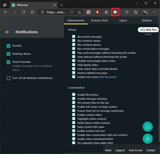 Öffne die Optionen von WA Web Plus for WhatsApp