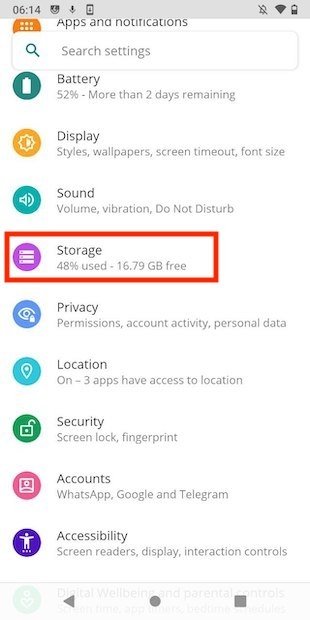Open the storage settings