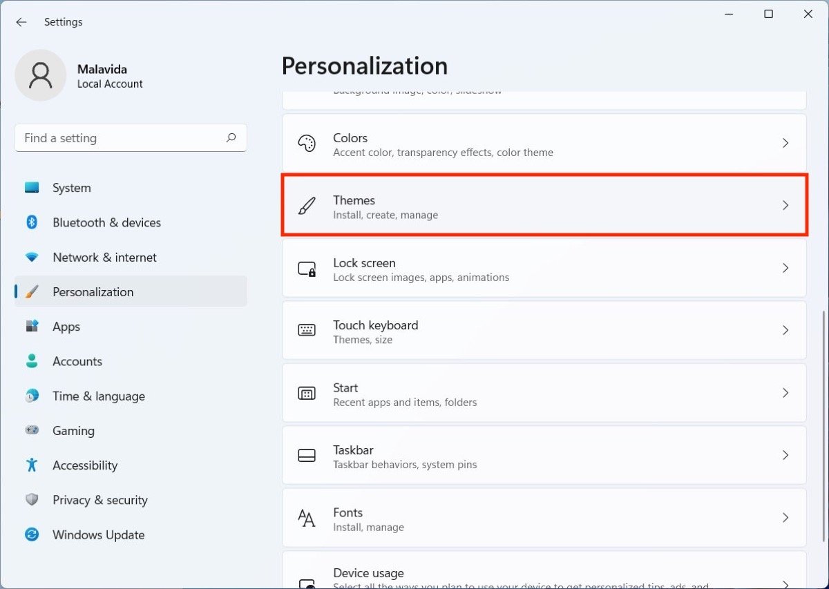 Abrir sección de temas en la aplicación de configuración