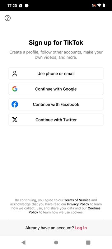 Abrir o aplicativo do TikTok e escolha seu método de registro preferido