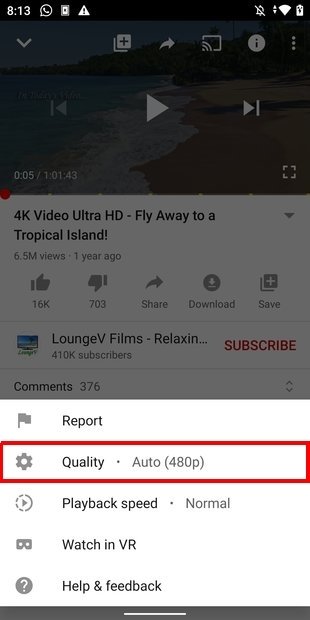 Ouvrir le menu de sélection de la qualité vidéo