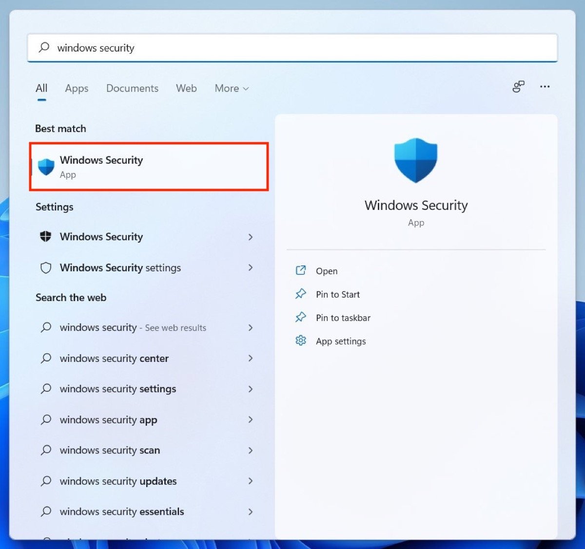 Abrir as opções do Windows Security