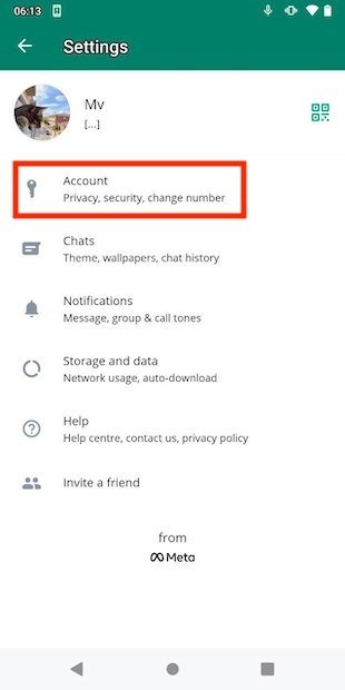 Ouvrez les paramètres du compte dans WhatsApp