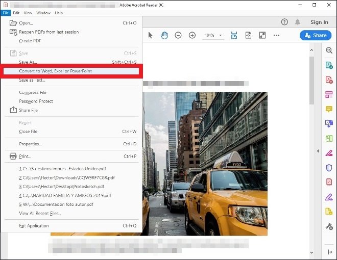 Opción para convertir documentos PDF en Adobe Acrobat Reader