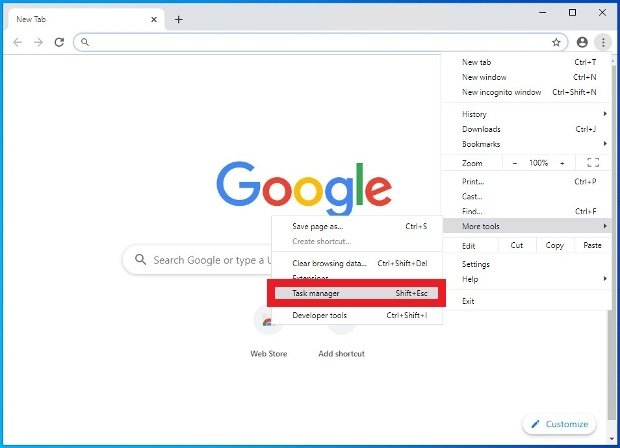 Option pour ouvrir le gestionnaire de tâches de Chrome